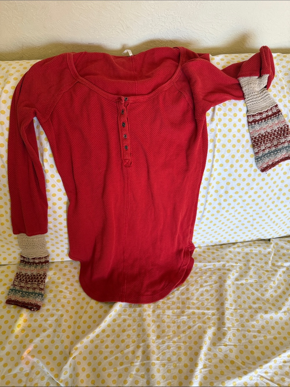 Women’s Free People Red Henley Thermal Top with Knit Cuff Detail